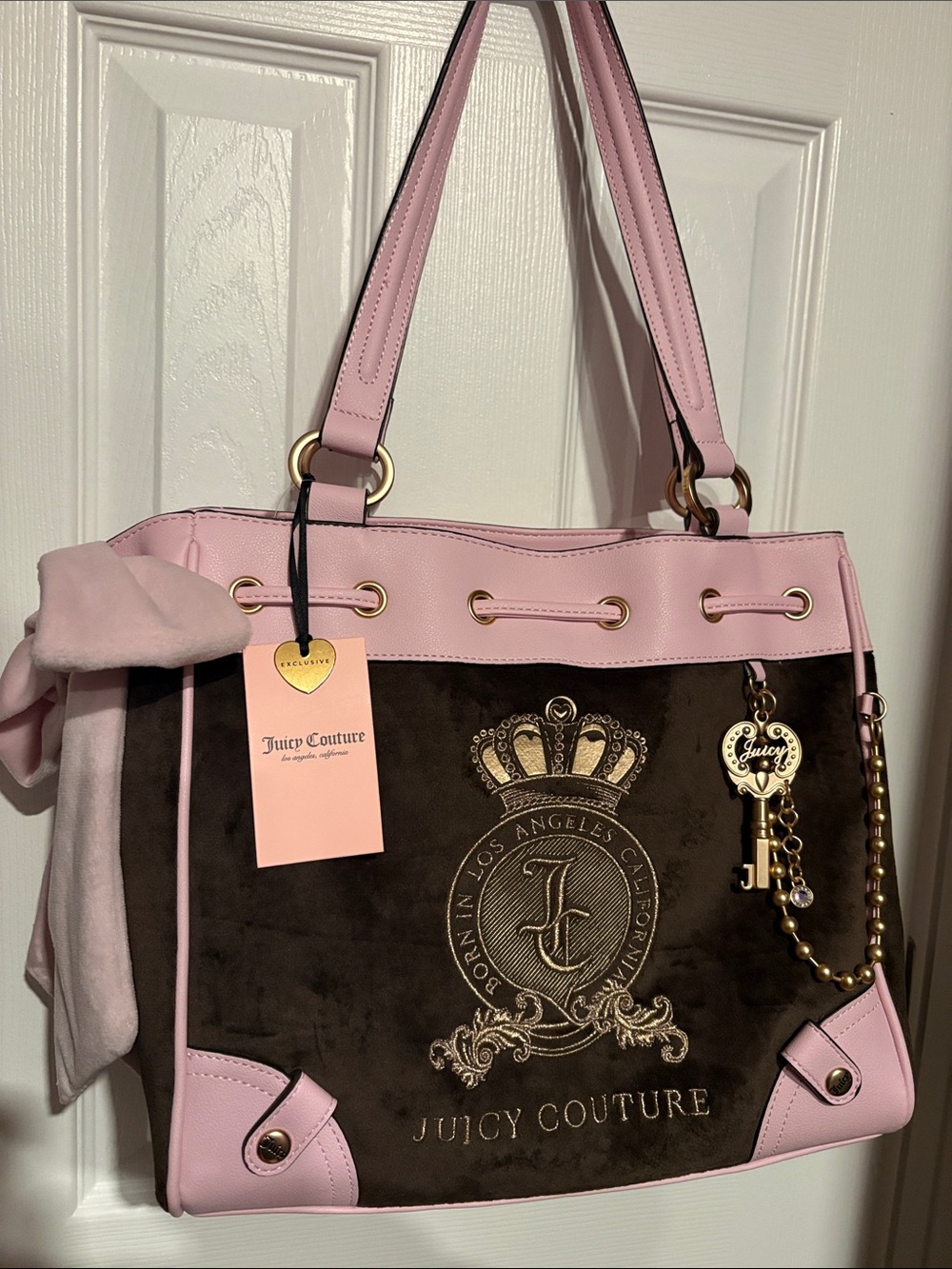 BNWT Juicy Couture Pink Brown Velour Shoulder Tote Bag Y2K Charm